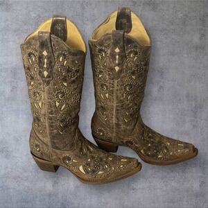 Corral Vintage Crater Bone Inlay Brown Leather Western Boots Womens 7 Studded